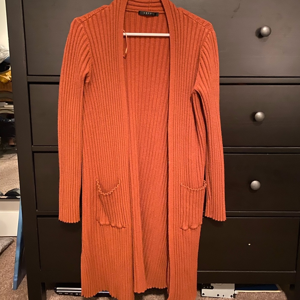 Long burnt orange cardigan, size medium